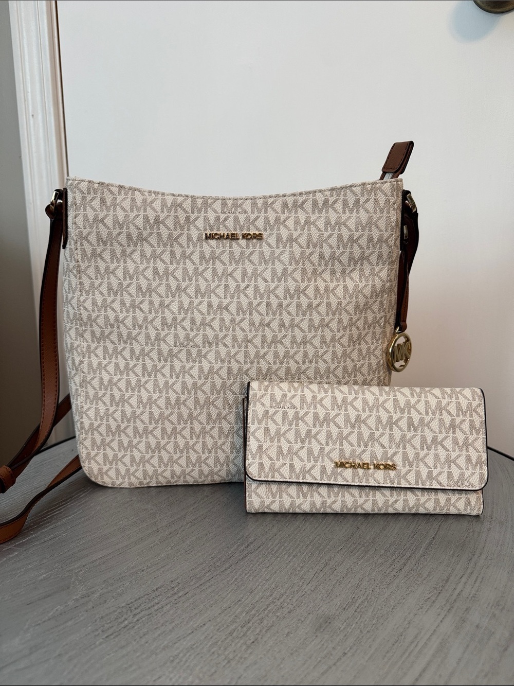 Michael Kors Cream Signature Crossbody Bag and Wallet Set